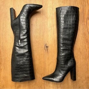 Marc Fisher LTD Giancarlo Croc Embossed Black Leather Boots Sz 8.5 New w/o Box